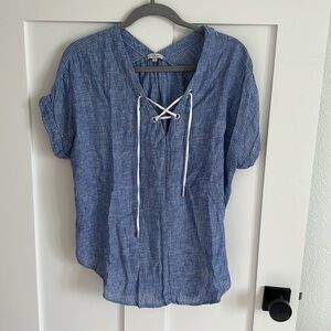 Rails Women's Size M Jeri Lace Up Linen Blouse Blue White Stripe Coastal Preppy